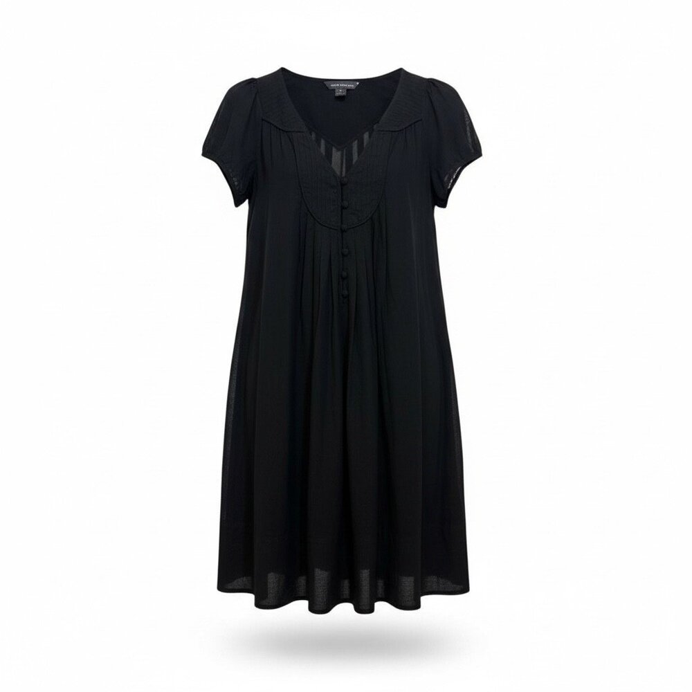 French Connection Black Sheer Casual Dress, Loose, Light, Summer, Pleated Detail